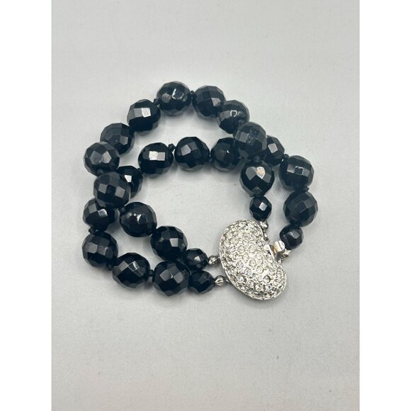 Carolee Black Glass Beaded Bracelet Double Strand with Crystal Encrusted Clasp - Picture 4 of 6